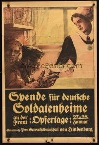 4s136 SPENDE FUR DEUTSCHE SOLDATENHEIME German war poster '14 art of girl feeding soldiers by Frick!