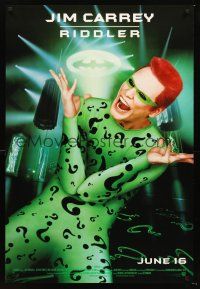 4t014 BATMAN FOREVER advance 1sh '95 cool image of Jim Carrey as The Riddler!