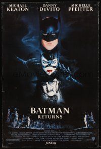 4t019 BATMAN RETURNS advance DS 1sh '92 Michael Keaton, Danny DeVito, Michelle Pfeiffer, Tim Burton