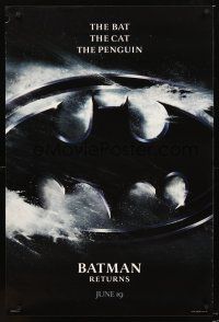 4t020 BATMAN RETURNS teaser 1sh '92 Michael Keaton, Danny DeVito, Michelle Pfeiffer, Tim Burton!
