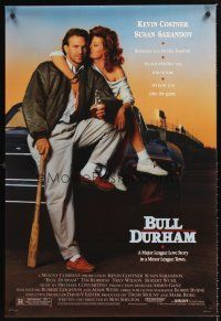 4t028 BULL DURHAM 1sh '88 great image of baseball player Kevin Costner & sexy Susan Sarandon!