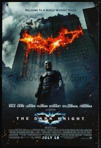 4t040 DARK KNIGHT advance DS 1sh '08 Christian Bale as Batman in front of flaming building!