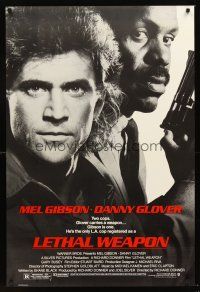 4t095 LETHAL WEAPON 1sh '87 great close image of cop partners Mel Gibson & Danny Glover!