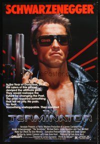 4t157 TERMINATOR 1sh '84 super close up of most classic cyborg Arnold Schwarzenegger with gun!