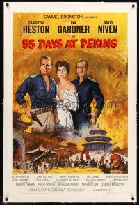 4w228 55 DAYS AT PEKING linen 1sh '63 art of Charlton Heston, Ava Gardner & David Niven by Terpning!
