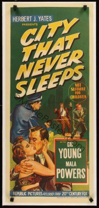 4w086 CITY THAT NEVER SLEEPS linen Aust daybill '53 stone litho of Gig Young kissing Mala Powers!