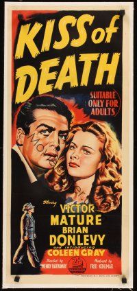 4w089 KISS OF DEATH linen Aust daybill '47 cool stone litho of Victor Mature, film noir classic!