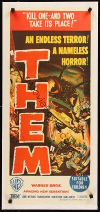 4w094 THEM linen Aust daybill '54 classic sci-fi, cool art of giant bugs terrorizing people!