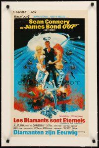 4w065 DIAMONDS ARE FOREVER linen Belgian '71 art of Sean Connery as James Bond by Robert McGinnis!