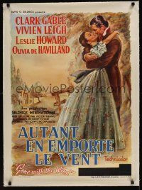 4w068 GONE WITH THE WIND linen Belgian R54 wonderful art of Clark Gable & Vivien Leigh embracing!