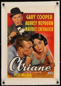 4w075 LOVE IN THE AFTERNOON linen Belgian '57 art of Gary Cooper, Audrey Hepburn, Maurice Chevalier