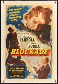 4w241 BLOCKADE linen 1sh R48 Madeleine Carroll, Henry Fonda, directed by William Dieterle!
