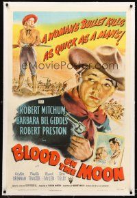4w242 BLOOD ON THE MOON linen 1sh '49 art of cowboy Robert Mitchum with gun & Barbara Bel Geddes!