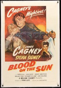 4w243 BLOOD ON THE SUN linen 1sh '45 great art of James Cagney in fight, plus sexy Sylvia Sidney!
