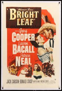 4w250 BRIGHT LEAF linen signed 1sh '50 by BOTH Lauren Bacall AND Patricia Neal, shown w/Gary Cooper