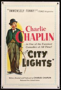 4w257 CITY LIGHTS linen 1sh R50 full-length artwork of Charlie Chaplin as the Tramp!