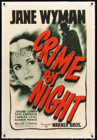 4w262 CRIME BY NIGHT linen 1sh '44 great image of shadowy figure & pretty Jane Wyman!