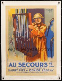 4w048 FACE A LA MORT linen French 23x32 '25 art of soldier Harry Piel carrying gun rack by Gaillant!