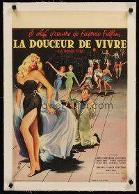 4w059 LA DOLCE VITA linen French 15x21 '61 Federico Fellini, Mastroianni, sexy Ekberg by Yves Thos!