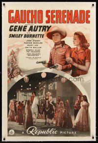 4w298 GAUCHO SERENADE linen 1sh '40 great image of Gene Autry with June Storey & on horseback!