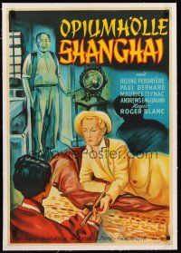 4w027 MYSTERE A SHANGHAI linen German '52 art of Englishwoman reaching for pipe in opium den!