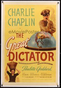 4w306 GREAT DICTATOR linen 1sh '40 Charlie Chaplin directs & stars, Goddard, wacky WWII comedy!