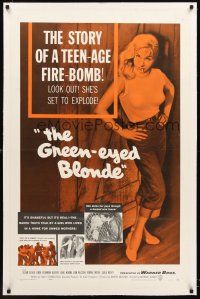 4w310 GREEN-EYED BLONDE linen 1sh '57 sexy smoking bad girl Susan Oliver in tight sweater & jeans!