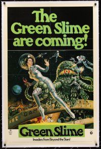 4w309 GREEN SLIME linen 1sh '69 classic cheesy sci-fi movie, great art of sexy astronaut & monster!