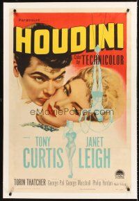 4w319 HOUDINI linen 1sh '53 Tony Curtis as the famous magician + his sexy assistant Janet Leigh!