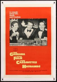 4w324 HUSBANDS linen 1sh '70 close up of Ben Gazzara, Peter Falk & John Cassavetes in tuxes at bar!