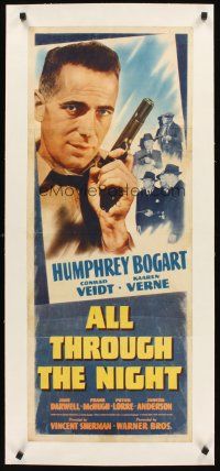 4w199 ALL THROUGH THE NIGHT linen insert '42 fantastic c/u of tough Humphrey Bogart holding gun!