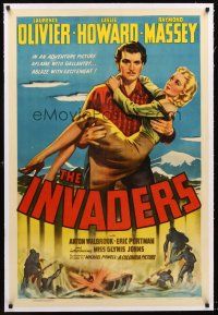 4w335 INVADERS linen 1sh '42 Michael Powell, art of Laurence Olivier holding sexy Glynis Johns!