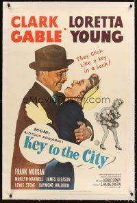 4w346 KEY TO THE CITY linen 1sh '50 Clark Gable & Mayor Loretta Young click like a key in a lock!