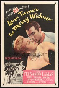 4w374 MERRY WIDOW linen 1sh '52 great romantic close up of sexy Lana Turner & Fernando Lamas!