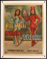 4w006 WHISKY & VODKA linen Mexican poster '65 cool art of sexy sisters Emilia & Pilar Bayona!