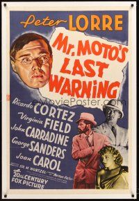 4w381 MR MOTO'S LAST WARNING linen 1sh '39 artwork of Asian detective Peter Lorre!