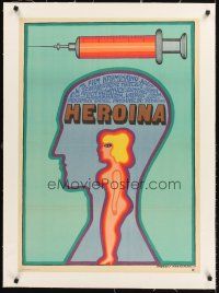 4w031 HEROIN linen Polish 23x33 '69 cool drug art of syringe & naked girl by Andrzej Krajewski!