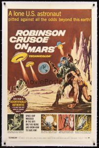 4w423 ROBINSON CRUSOE ON MARS linen 1sh '64 cool sci-fi art of Paul Mantee & his man Friday!