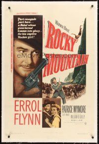 4w424 ROCKY MOUNTAIN linen 1sh '50 great close up of part renegade part hero Errol Flynn with gun!