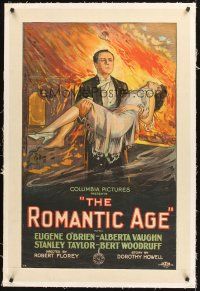 4w426 ROMANTIC AGE linen 1sh '27 art of Eugene O'Brien rescuing Alberta Vaughn at movie's climax!