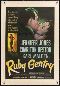 4w429 RUBY GENTRY linen 1sh '53 art of super sleazy bad girl Jennifer Jones kissing Charlton Heston!