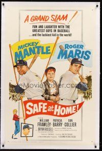 4w431 SAFE AT HOME linen 1sh '62 Mickey Mantle, Roger Maris, New York Yankees baseball, grand slam!