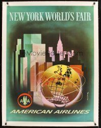 4w128 AMERICAN AIRLINES NEW YORK WORLD'S FAIR linen travel poster 1964 art by Henry K. Benscathy!