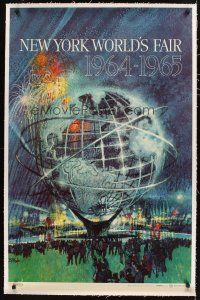 4w127 NEW YORK WORLD'S FAIR linen special 28x43 '64 art of the Unisphere & fireworks by Bob Peak!