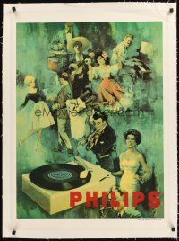 4w147 PHILIPS linen 25x34 Italian advertising poster '70s art of musicians by record player!