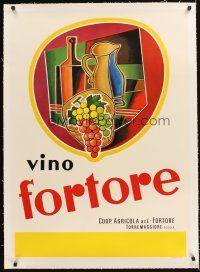 4w148 VINO FORTORE linen 28x39 Italian advertising poster 1960s colorful art of grapes & wine bottle!