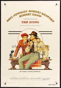 4w454 STING linen 1sh '74 best artwork of con men Paul Newman & Robert Redford by Richard Amsel!