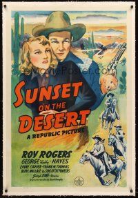 4w463 SUNSET ON THE DESERT linen 1sh '42 great artwork of cowboy Roy Rogers with smoking gun & gal!