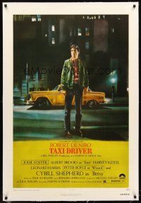 4w471 TAXI DRIVER linen 1sh '76 classic art of Robert De Niro by cab, directed by Martin Scorsese!