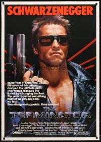 4w476 TERMINATOR linen 1sh '84 super close up of most classic cyborg Arnold Schwarzenegger with gun!